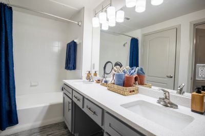 Spacious bathroom vanity with dual sinks Round Rock Texas apartments