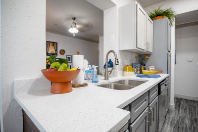 Gourmet kitchen with white cabinets and modern appliances Round Rock