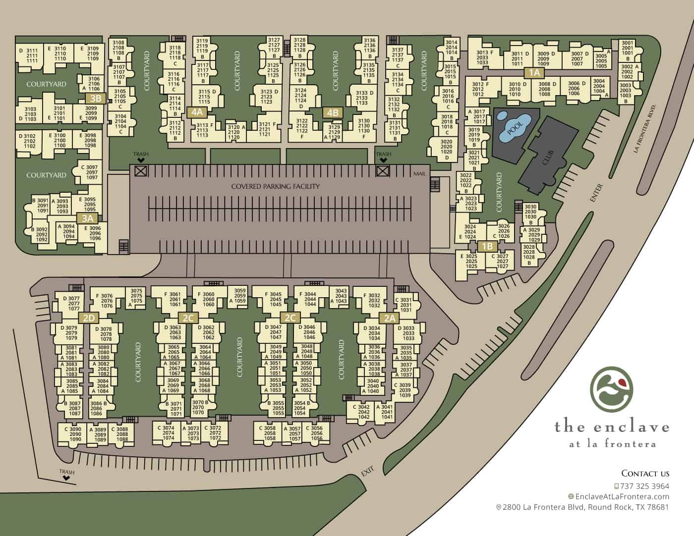 View our community site map. Explore building locations and amenities at Enclave at La Frontera in Round Rock, TX.